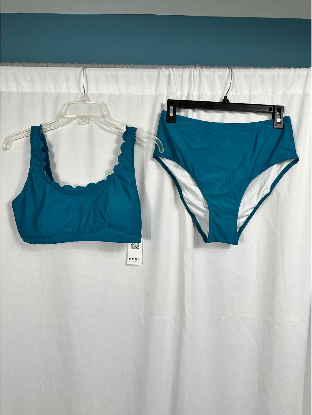 Charmo Teal Blue Bikini Set with Scalloped Edges, Size Large